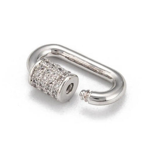 Single silver screw carabiner with brass micro pave cubic zirconia, part of Five Silver Screw Carabiner Lock Charms Set For Jewelry Making.