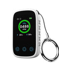 Portable CO2 Monitor And Sensor With Real Time CO2 Temperature Humidity And Pressure Three In One Air Quality Meter For Travel Camping Office School And Home, handheld device with digital display showing readings.