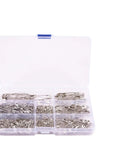 450 Pack Real Deal Iron Safety Clasp Pins For Crafting And Tailoring Mini Metal Clothing Fasteners in clear box organized by size.