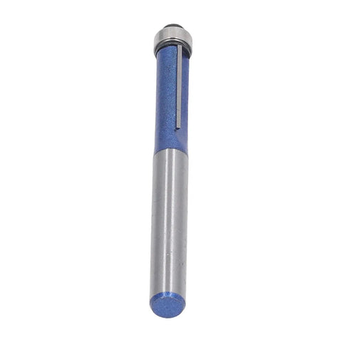 Heavy Duty Flush Trim Router Bit With Carbide Cutter And Top Bearing Guide For Smooth Woodworking Trimming and Chamfering Tasks Using 1/4 Inch Shank Tool viewed from side with blue cover