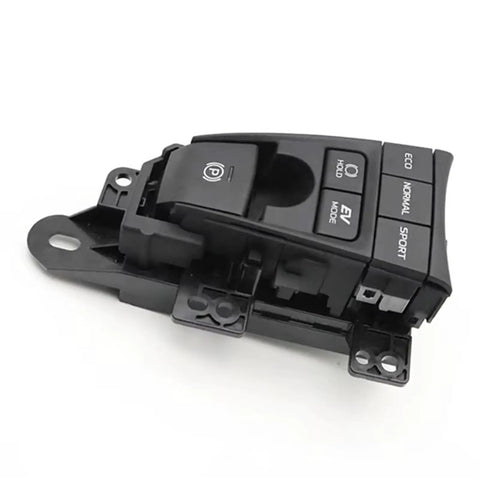 Slick Electronic Parking Brake Switch Built With Eco Sport And Ev Mode Buttons, black ABS shell, compact size for Toyota Camry and Volvo.