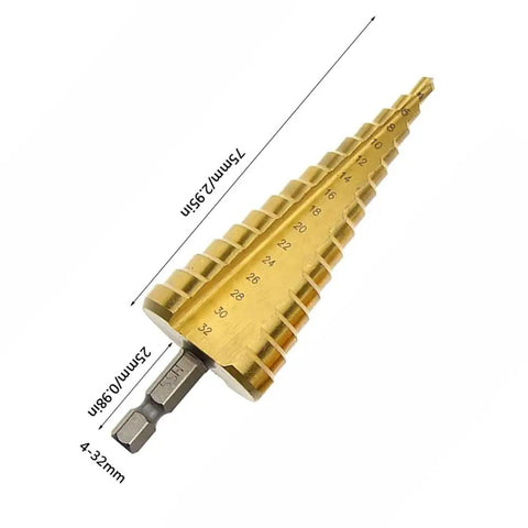 Step Drill Bit Set 4-32mm HSS Titanium Coated Quick Change Cone Bit With One Quarter Inch Hex Shank For Metal Plastic Wood