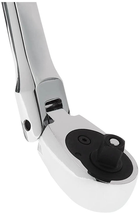 Close-up of Flex Head Pear Head Ratchet With Long Handle For 3 8 Inch SAE Sockets, featuring quick release and 72 tooth setup.