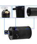 Close-up of black Beefy Aluminum Oil Catch Can Kit With Adapters and Drain Valve 2 Port Inlet Outlet Breather Filter 150ML.
