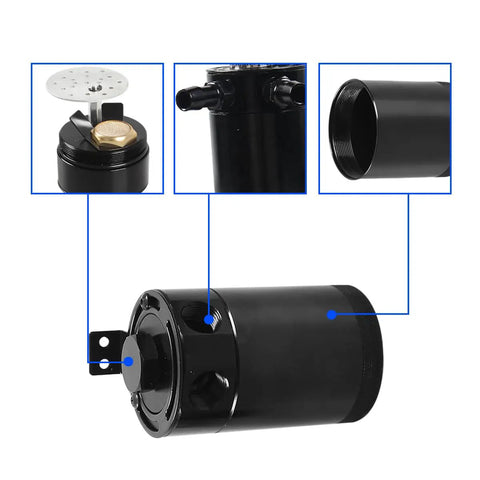 Close-up of black Beefy Aluminum Oil Catch Can Kit With Adapters and Drain Valve 2 Port Inlet Outlet Breather Filter 150ML.