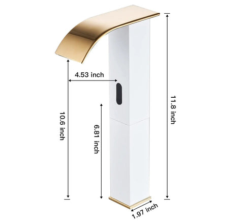 Touchless Bathroom Vessel Faucet With Motion Sensor No-Touch Hands Free Deck Mounted Water-Saving Lavatory Tap In White Gold One-Hole Bowl Sink Faucet For Vanity showing dimensions