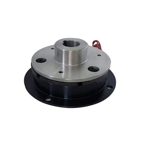 Angled front view of 24V DC electromagnetic brake clutch with flange mount and metal hub; red wiring visible