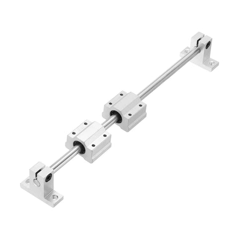 Two Pack Heavy Duty 8mm By 350mm Linear Motion Rail Kit With SCS8UU Bearings And SK8 Rail Supports For CNC Machines And 3D Printers Smooth Glide For Precise Motion Silver, side view of silver linear rail with bearings and supports