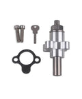 High Performance Manual Cam Chain Tensioner Built Tough Aluminum Engine Upgrade For Grease Monkey Builders With No Fuss Threaded Timing Controls In Premium Silver, parts layout including bolts and key.