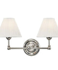 Transitional Two Light Wall Sconce In Sleek Polished Nickel Finish Straight Up Brilliant For Modern Bathrooms Or Narrow Hallways Bigtime Upgrade UL Damp Rated Steady Illumination, dual bulb design with pleated shades.
