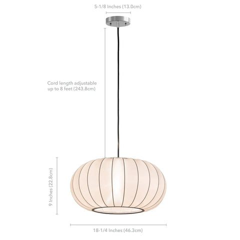 18.5 Inch Eggshell Pendant Light With White Polyester Shade, Flush Mount Ceiling Fixture, adjustable cord, side view