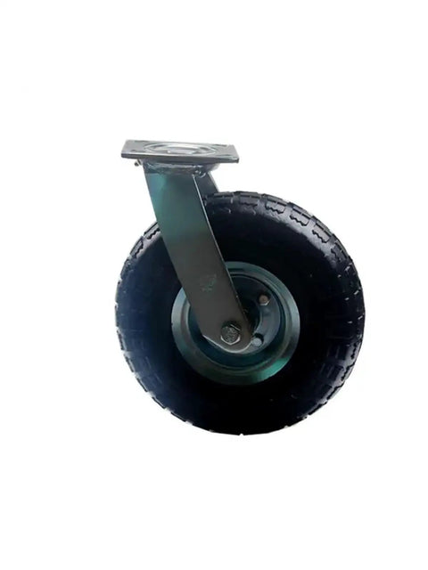 Top Shelf 10 Inch Inflatable Rubber Wheels With Stainless Steel Brackets For Luggage And Hotel Trolley Casters, side view of rubber wheel and bracket.