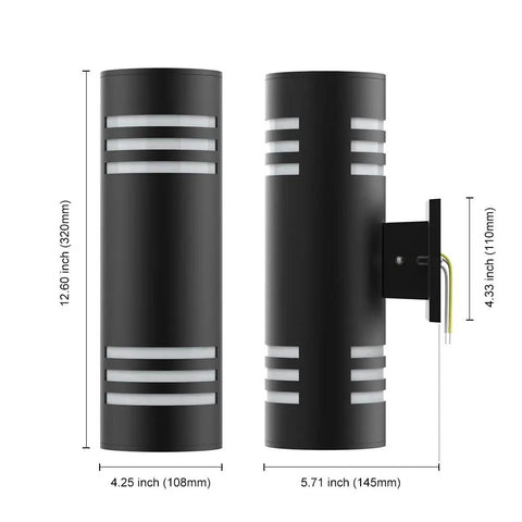 Dusk To Dawn Outdoor Wall Lights 2 Pack Up Down Cylinder Black Porch Sconces with dimensions shown