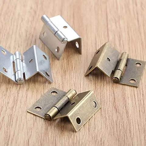 4 Pack Zinc Alloy Cabinet Hinge Set For Cabinets, Jewelry Boxes, And Small Furniture 25x15x12mm With Screws on wood surface