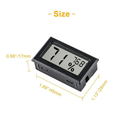 Mini Digital Temperature And Humidity Gauge With Built In Probe, Handy Compact Indoor Thermometer And Hygrometer With LCD Display In Fahrenheit, Ideal For Humidors, Greenhouses, Gardens, And Home Climates. black rectangular LCD gauge, 48x28mm