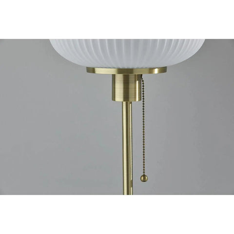 Close-up of pull chain on Hazel Table Lamp in antique brass with frosted ribbed glass shade, mid century modern vibe 22 inch tall