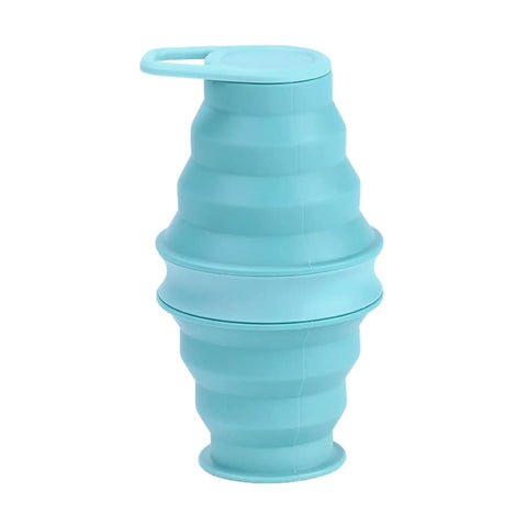 Foldable Silicone Water Bottle For Travel And Gym, ultra lightweight leak proof hydration flask, collapsed turquoise bottle.