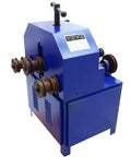 Hardcore Portable Electric Pipe Bender And Tube Roller Badass With Nine Round Plus Eight Square Dies For Cranking Out Smooth Big Radius Curves Lightning Fast 110V 1500W, blue machine with tube dies.