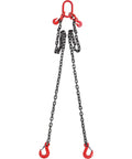 Heavy Duty Chain Sling Three Eighths Inch By 6 Ft With 2 Leg Grab Hooks And Adjusters, G80 Mn Steel Lifting Chains For Engine Hoist, 11000 Lbs Capacity, 5 Ton Rigging Chain With Durable Hooks Built Tough. Two-leg chain sling with red grab hooks and adjusters