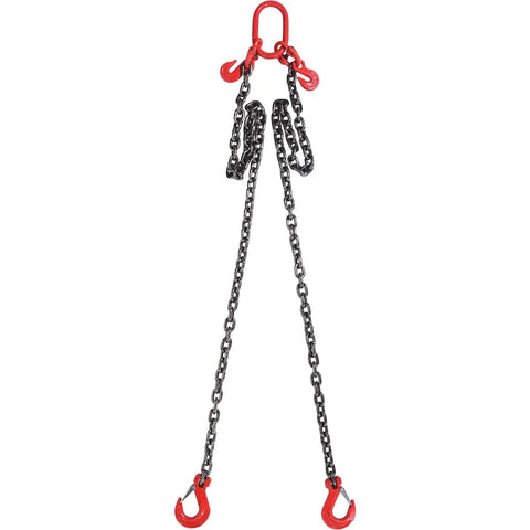 Heavy Duty Chain Sling Three Eighths Inch By 6 Ft With 2 Leg Grab Hooks And Adjusters, G80 Mn Steel Lifting Chains For Engine Hoist, 11000 Lbs Capacity, 5 Ton Rigging Chain With Durable Hooks Built Tough. Two-leg chain sling with red grab hooks and adjusters
