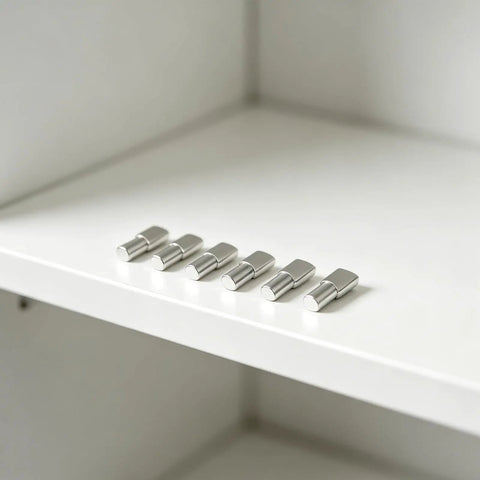 80 Pack 5mm Iron Spoon Type Shelf Pegs Heavy Duty Nickel Plated Pins For Bookcases And Cabinets on white shelf close-up