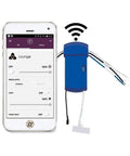 FanSync Smart WiFi Receiver For 64 To 84 Inch Wrap Custom Ceiling Fan App Enabled For IPhone And Android Seamless Smart Home Integration Voice Ready Blue next to smartphone app interface