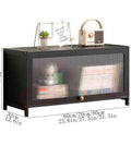 Sturdy Bamboo Desk Shelf Organizer With Hovering Plastic Door Display For Home Office And Kitchen Use, size labeled, with items on top.