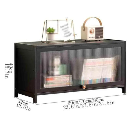 Sturdy Bamboo Desk Shelf Organizer With Hovering Plastic Door Display For Home Office And Kitchen Use, size labeled, with items on top.