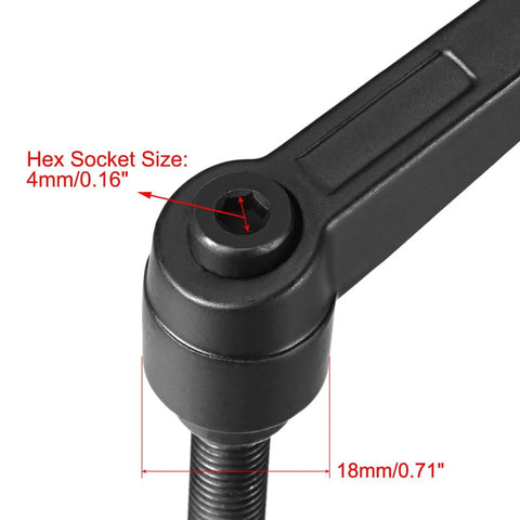 Close-up of Adjustable Clamping Lever Handle Set M8 X 32mm Black Oxide Carbon Steel Male Threaded Stud Hand Knobs with 4mm Hex Socket.