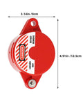 Red ABS valve lockout device from the 8 Pack Valve Handle Lockout Devices For Gate Valves In Red ABS, Quick Lock Unlock Function kit. Dimensions shown.
