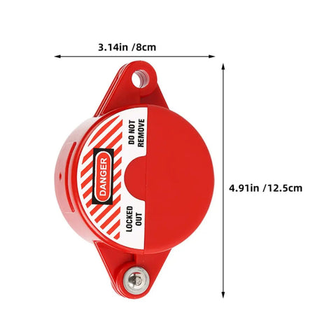 Red ABS valve lockout device from the 8 Pack Valve Handle Lockout Devices For Gate Valves In Red ABS, Quick Lock Unlock Function kit. Dimensions shown.