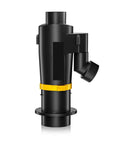Heavy Duty Rock Solid Cyclone Dust Collector Separator For Shop Vacs And Vacuums Dual Filter Woodworking Dust Extractor Accessory With Turbocharged Kick And Beast Mode Dust Control PM01 Black Version side view of black dust collector with yellow clamp and ports.