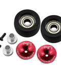 Beefed Up HD Bearing Wheelie Bar Wheels For Arrma Grom MT RC Car Bolt On Upgrade with red covers, bearings, screws, and pipes.