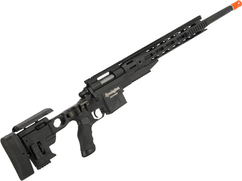 MSR 700 Cycling Action Spring Powered Airsoft Rifle in black, folding shoulder-rest, adjustable butt pad, side angle view