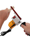 Handheld electric belt sander in use for woodworking with all copper motor, part of Straight Out Workhorse Electric Belt Sanders And Angle Grinders For Auto Detailing Woodworking Metal Finishing Handheld Polishers Rock Solid All Copper Motor Powerhouse.