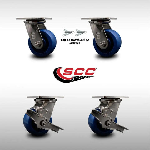 Heavy Duty 316 Stainless Steel Caster Set Featuring Four Inch Solid Polyurethane Wheels And Full Bolt On Plates Includes Two Swivel Locks And Two Brakes.