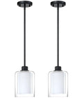 Two Pack 1 Light Indoor Hanging Kitchen Island Pendant Lights With 5 Inch Clear Frosted Glass Shades In Sleek Black Finish For Bar And Dining Room Over Sink