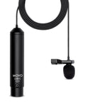 Pro Grade Lavalier Microphone Kit With 12mm Capsule, Cardioid Condenser XLR Wired Lapel Mic shown with clip, cable and windscreen