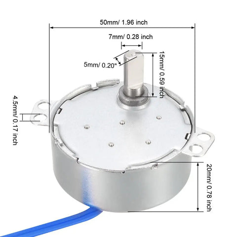 Low Speed AC Synchronous Motor 100 to 127 Volt 5 to 6 RPM 50 to 60 Hz CW CCW 4 Watt D Shaft 5 By 7 Mm 40 Cm Wire, silver motor