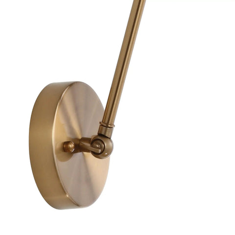 Gold Brass Industrial Swing Arm LED Wall Sconce For Bedroom And Reading Nook, Adjustable Metal Shade, close-up of base and arm