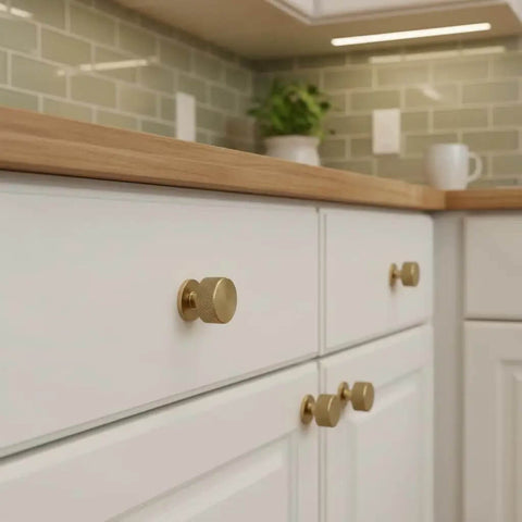 Dope Champagne Bronze Knurled Round Cabinet Knobs 30 Pack For Kitchen Cabinets And Furniture Upgrade on white drawers