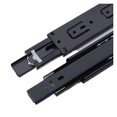 Side Mount Ball Bearing Drawer Slides 12 Inch Full Extension, Black Detachable Telescoping Rails close-up, smooth operation.