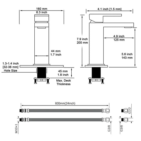 Technical drawing of Brushed Gold One Hole Bathroom Faucet With Pop Up Drain, Slick Single Handle, showing dimensions and hoses.