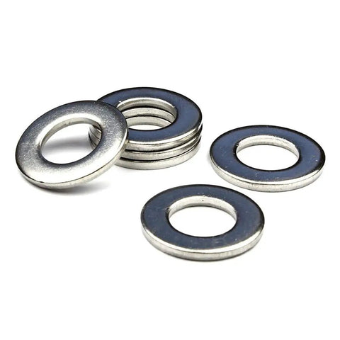 Stainless Steel Flat Washers Set For Metric Bolts And Screws M4 4.3mm 9mm 0.8mm 50 Pieces Durable For Sealing And Repair Hardware Ideal For Auto DIY And Home Projects. shown stacked and separated