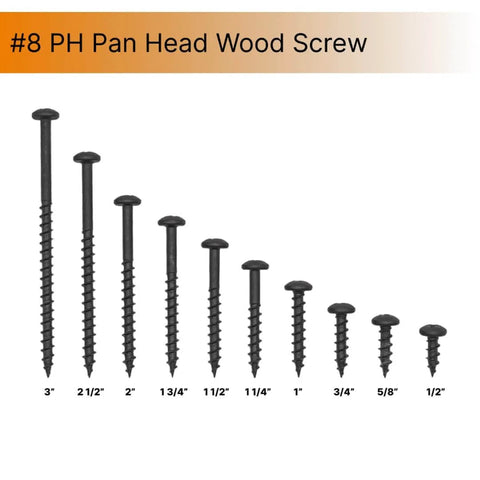 Size 8 Wood Thread Pan Head Screws With Phillips Drive 2 Point 5 Inch Black Phosphate Coated Steel sharp point rust resistant