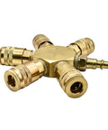 Three Eighth Inch Brass Flat Hex Pneumatic Manifold With Five Quarter Inch Brass Industrial Couplers Preassembled Ready To Use Heavy Duty Kit With Steel Plug