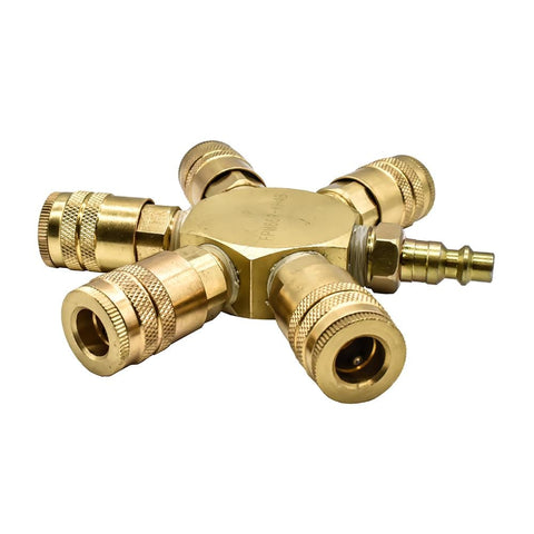 Three Eighth Inch Brass Flat Hex Pneumatic Manifold With Five Quarter Inch Brass Industrial Couplers Preassembled Ready To Use Heavy Duty Kit With Steel Plug