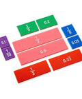 Plastic Double Sided Decimal And Fraction Tiles For Bar Model Math Practice in various rainbow colors showing fractions and decimals.