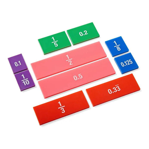 Plastic Double Sided Decimal And Fraction Tiles For Bar Model Math Practice in various rainbow colors showing fractions and decimals.