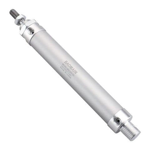 Shop Ready Mini Pneumatic Air Cylinder With One Inch Bore And Five Inch Stroke, silver metal body with ports.
